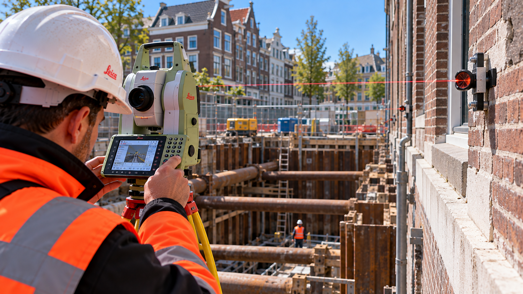 Monitoring van een gebouw naast een bouwput met total station en meetprisma