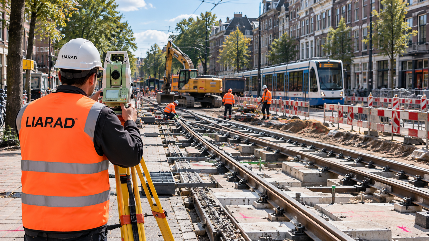 Reconstructie van tramsporen in een Amsterdamse straat met landmeetkundige apparatuur